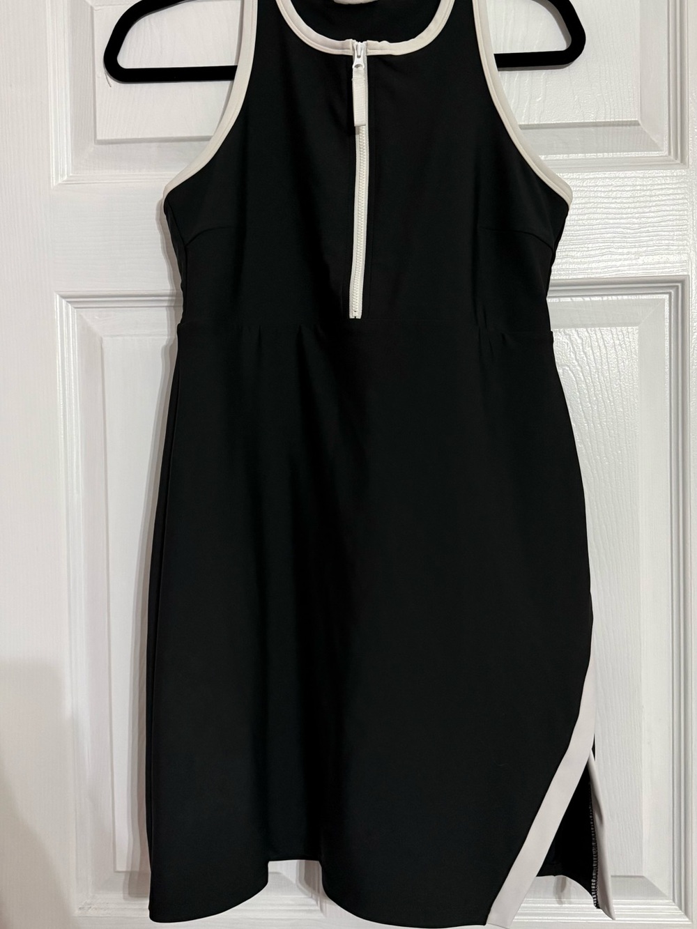 Egg Collective Black Mini Dress with White Trim and Front Zip